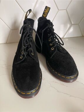 NEW! Dr. Martens Black Suede 6-Eye Lace-Up Boots with Yellow Stitching